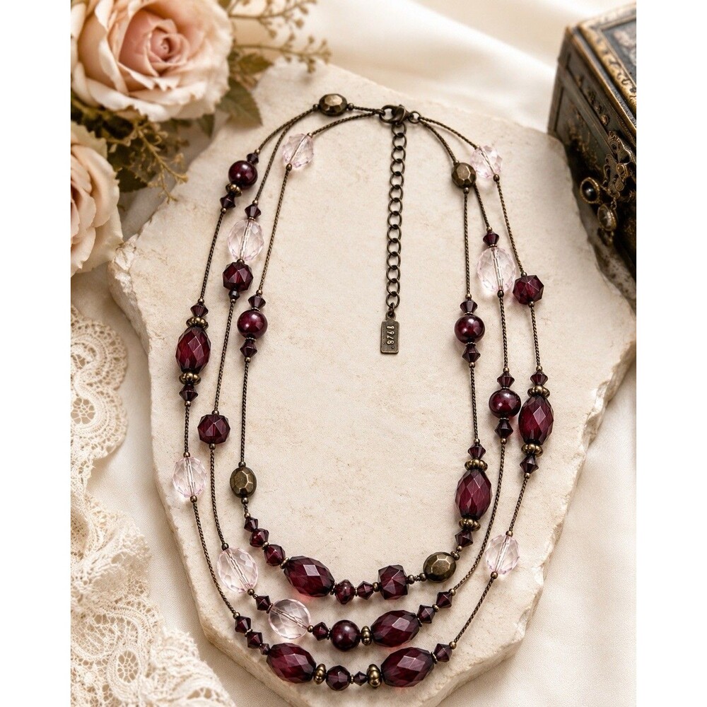 Vintage 1928 Burgundy Pink Beaded Necklace Bronze Tone Victorian Adjustable 18"